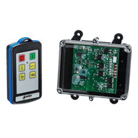 A Lodar LTD 4 Function IP Wireless Control System from the 92 Series, paired with a FET Receiver, featuring an industrial wireless control system with a range of 200 feet, sits beside a transparent electronic circuit board encased in black.