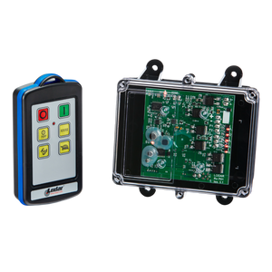 A Lodar LTD 4 Function IP Wireless Control System from the 92 Series, paired with a FET Receiver, featuring an industrial wireless control system with a range of 200 feet, sits beside a transparent electronic circuit board encased in black.