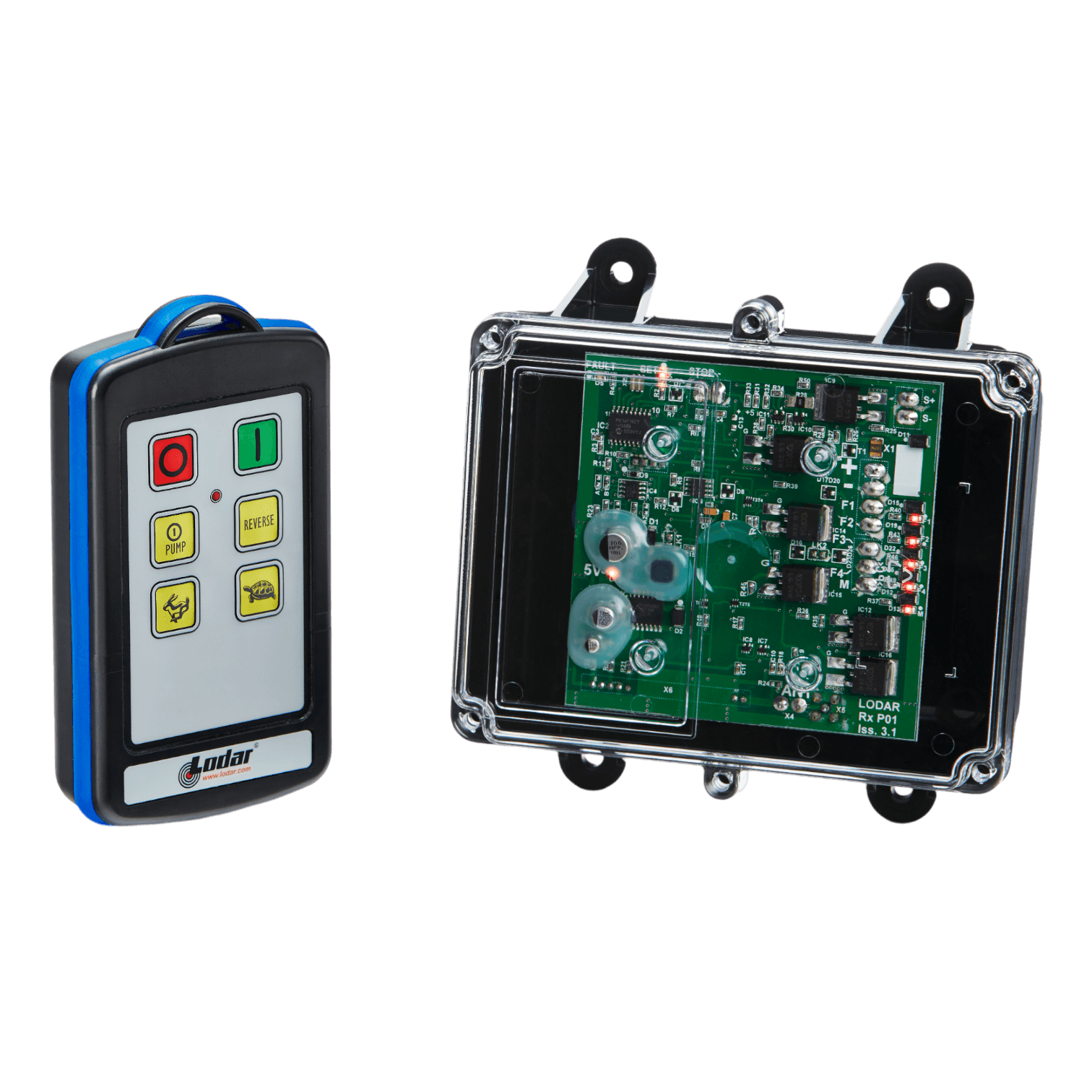 A Lodar LTD 4 Function IP Wireless Control System from the 92 Series, paired with a FET Receiver, featuring an industrial wireless control system with a range of 200 feet, sits beside a transparent electronic circuit board encased in black.