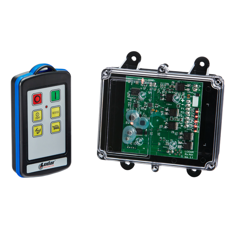 A Lodar LTD 4 Function IP Wireless Control System from the 92 Series, paired with a FET Receiver, featuring an industrial wireless control system with a range of 200 feet, sits beside a transparent electronic circuit board encased in black.