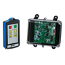 A Lodar LTD 4 Function IP Wireless Control System from the 92 Series, paired with a FET Receiver, featuring an industrial wireless control system with a range of 200 feet, sits beside a transparent electronic circuit board encased in black.