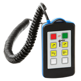 The 4 Function Lodar Hard-Wired Remote from the 9000 Series by Lodar LTD comes with a curly cable and is designed with multiple colored buttons and a digital display, providing versatile backup functionality.