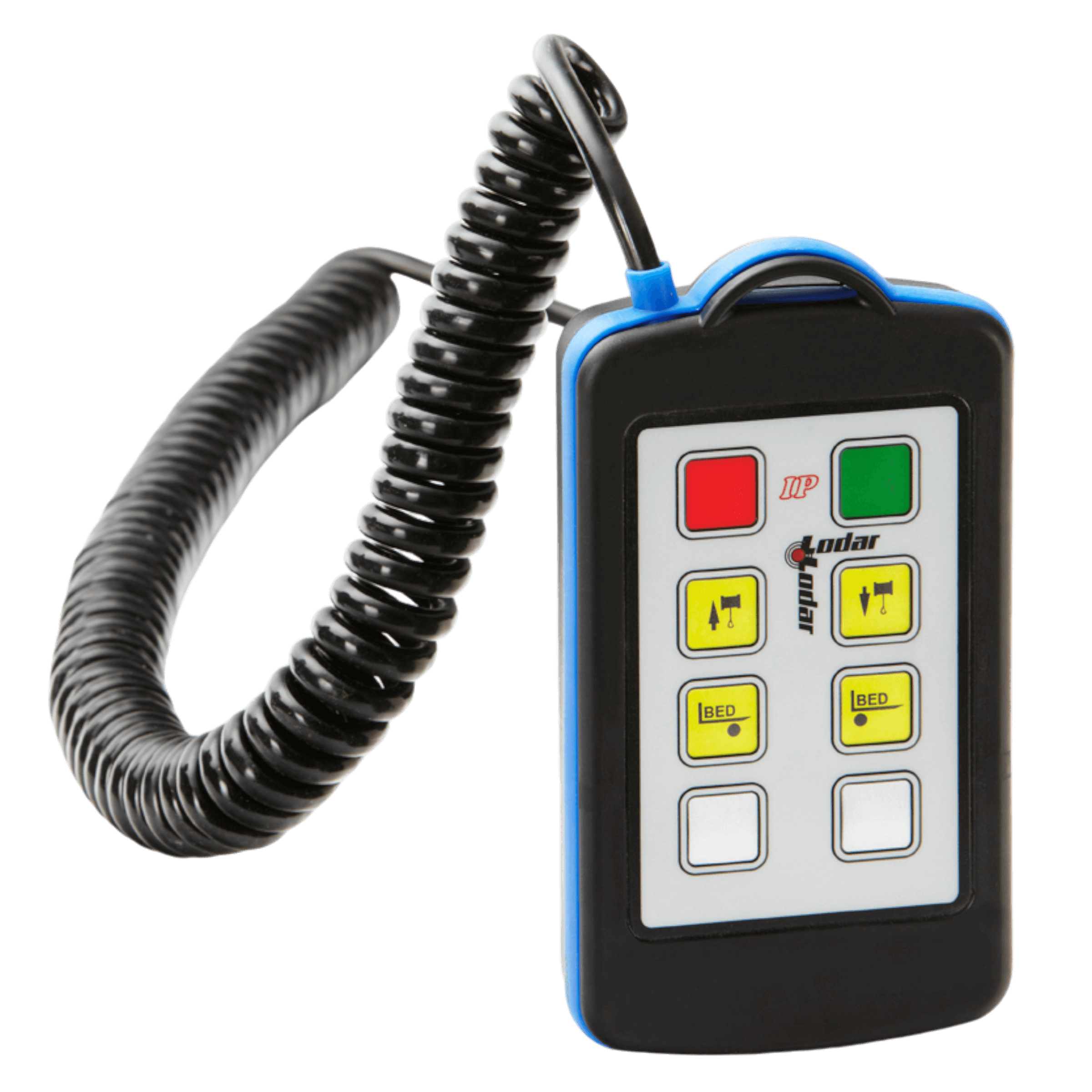 The 4 Function Lodar Hard-Wired Remote from the 9000 Series by Lodar LTD comes with a curly cable and is designed with multiple colored buttons and a digital display, providing versatile backup functionality.