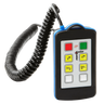 The 4 Function Lodar Hard-Wired Remote from the 9000 Series by Lodar LTD comes with a curly cable and is designed with multiple colored buttons and a digital display, providing versatile backup functionality.