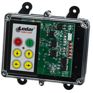 Close-up of the 4 Function Lodar Replacement FET Keypad Receiver, a product by Lodar LTD from the 92 Series, featuring buttons and a visible circuit board with a capacity to handle up to 10 amps.