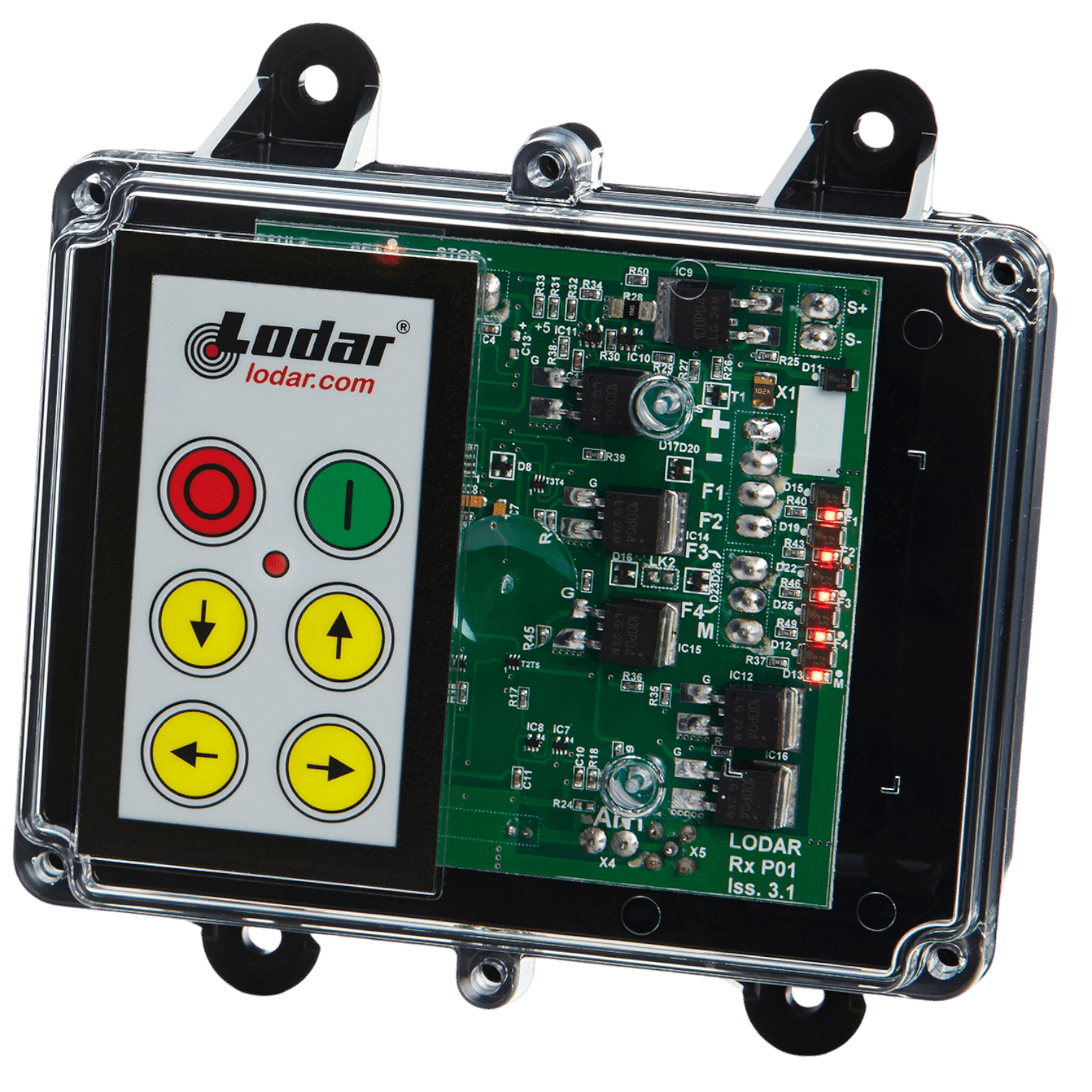 Close-up of the 4 Function Lodar Replacement FET Keypad Receiver, a product by Lodar LTD from the 92 Series, featuring buttons and a visible circuit board with a capacity to handle up to 10 amps.