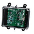 The 4 Function Lodar Replacement FET Receiver from the 92 Series by Lodar LTD features a transparent casing that reveals a green circuit board with numerous electronic components and red lights, highlighting its advanced receiver technology. Ideal for modern replacement systems, it seamlessly blends performance with sleek design.