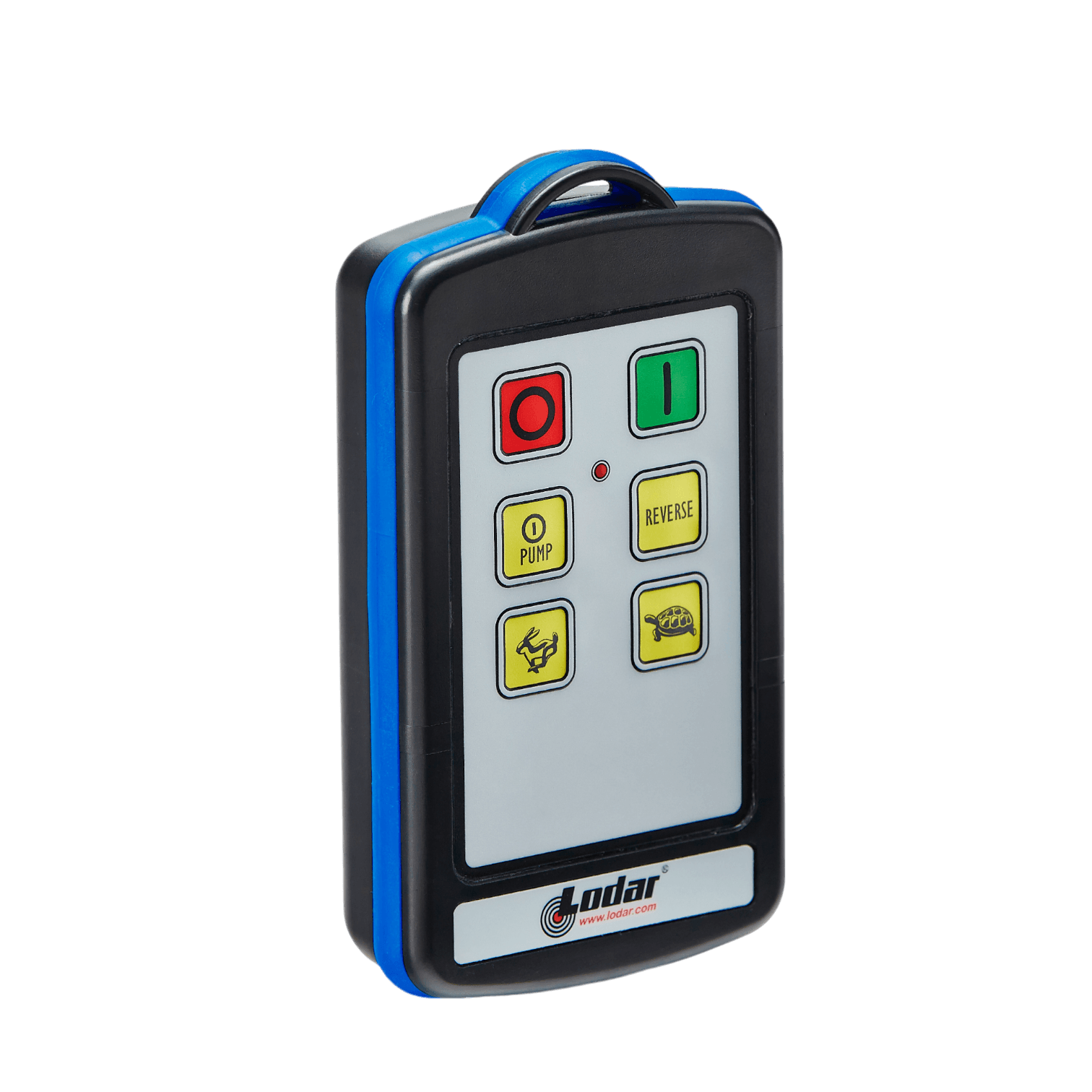 The 4 Function Lodar Replacement IP Transmitter from the 9000 Series, by Lodar LTD, is a remote control with six buttons that include pump, reverse, and power symbols. It is compatible with 92 series systems and prominently features the Lodar logo at the bottom.