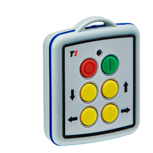 The 4 Function Lodar Replacement Mini Transmitter from Lodar LTD is a handheld remote control designed with colored buttons, including one red, one green, and four yellow featuring arrow symbols. It is compatible with the 11 Series and is ideal for use with 4-Function Lodar systems.