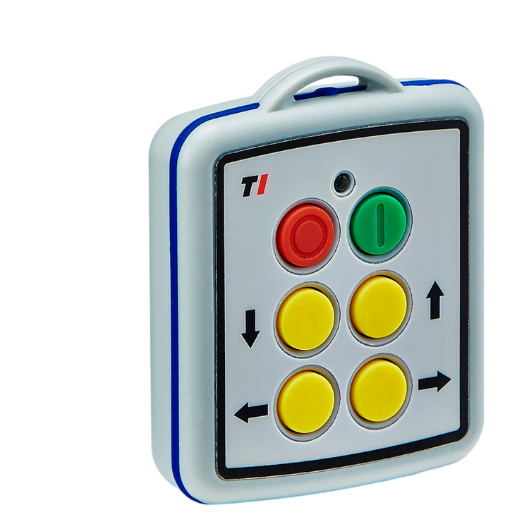 The 4 Function Lodar Replacement Mini Transmitter from Lodar LTD is a handheld remote control designed with colored buttons, including one red, one green, and four yellow featuring arrow symbols. It is compatible with the 11 Series and is ideal for use with 4-Function Lodar systems.