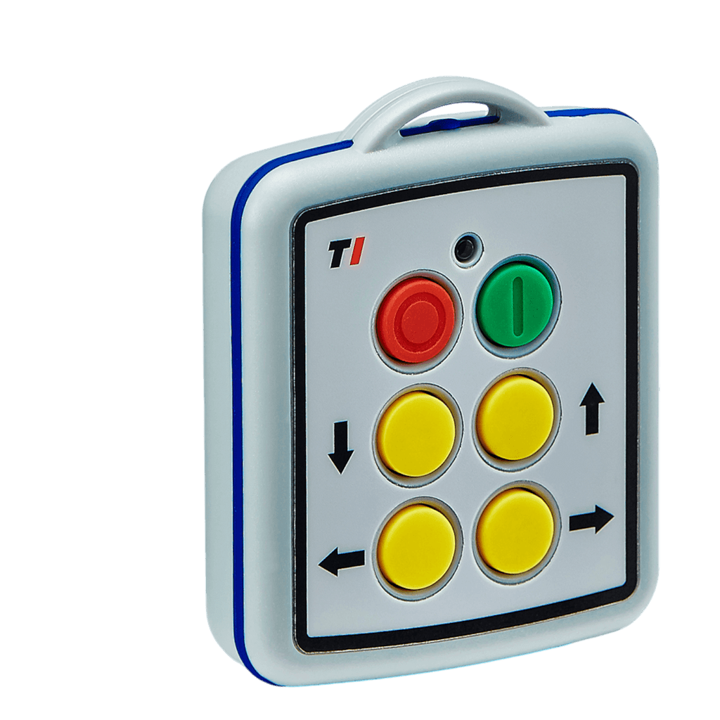 A compact mini transmitter from Lodar LTD, known as the 4 Function Lodar Replacement Mini Transmitter | 9000 Series, features colored buttons—red, green, and yellow—and directional arrows, making it an ideal replacement for Lodar systems.