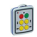 A compact mini transmitter from Lodar LTD, known as the 4 Function Lodar Replacement Mini Transmitter | 9000 Series, features colored buttons—red, green, and yellow—and directional arrows, making it an ideal replacement for Lodar systems.