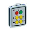 A compact mini transmitter from Lodar LTD, known as the 4 Function Lodar Replacement Mini Transmitter | 9000 Series, features colored buttons—red, green, and yellow—and directional arrows, making it an ideal replacement for Lodar systems.