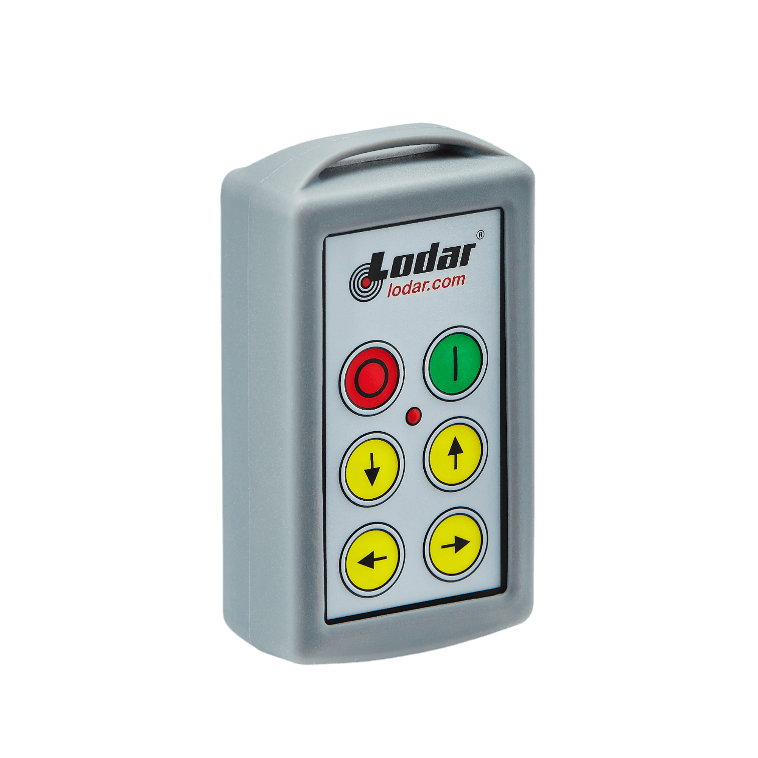 Lodar LTD's 9000 Series 4 Function Replacement Standard Transmitter features a gray design with colorful buttons, including arrows, a power symbol, and a stop symbol, blending seamlessly with the series.