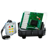 Beside a partially open electronic circuit box sits the Lodar LTD 4 Function Mini 110V Wireless Control System with an IP67-rated transmitter, complete with buttons and a wrist strap, showcasing its efficiency in wireless control.
