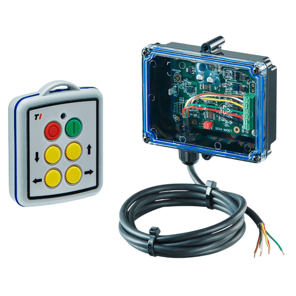 Remote control and electronic circuit board with cable, featuring the Lodar LTD 4 Function Mini Wireless Control System (11 Series) FET Receiver, isolated on a white background.