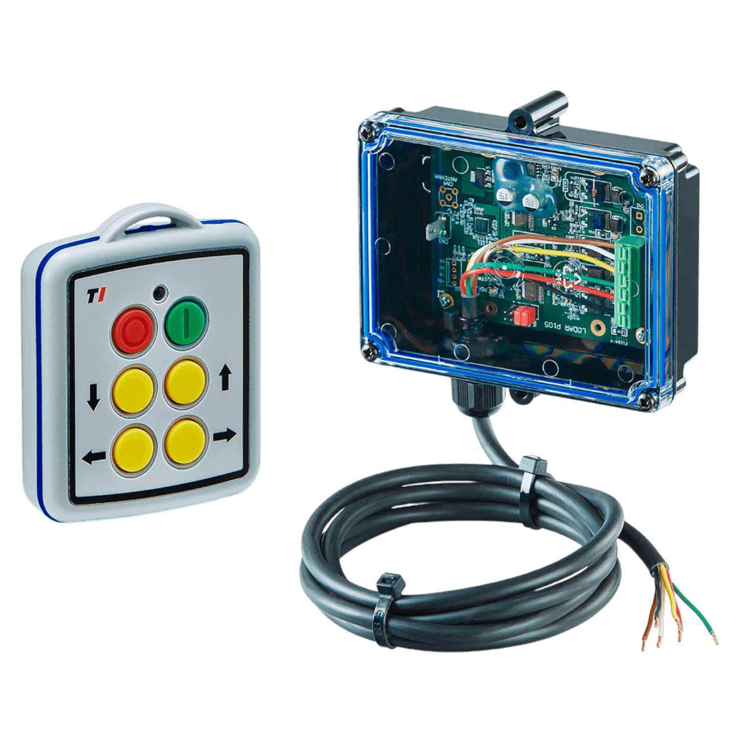 Remote control and electronic circuit board with cable, featuring the Lodar LTD 4 Function Mini Wireless Control System (11 Series) FET Receiver, isolated on a white background.