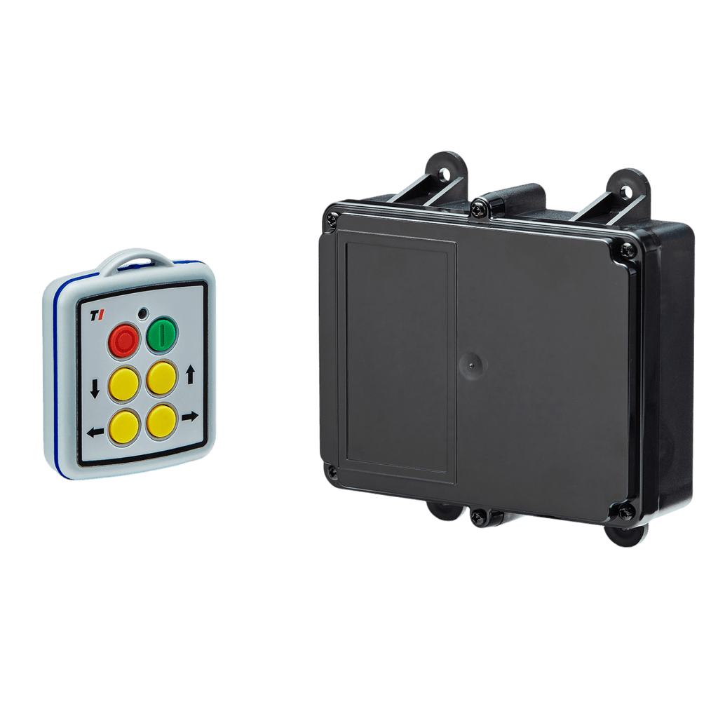 A Lodar LTD 4 Function Mini Wireless Control System from the 90 Series features a remote control device with colorful buttons alongside a sleek, black rectangular relay receiver. This system offers impressive convenience and flexibility with its 200-foot wireless range.