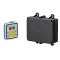 A Lodar LTD 4 Function Mini Wireless Control System from the 90 Series features a remote control device with colorful buttons alongside a sleek, black rectangular relay receiver. This system offers impressive convenience and flexibility with its 200-foot wireless range.