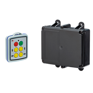 A Lodar LTD 4 Function Mini Wireless Control System from the 90 Series features a remote control device with colorful buttons alongside a sleek, black rectangular relay receiver. This system offers impressive convenience and flexibility with its 200-foot wireless range.