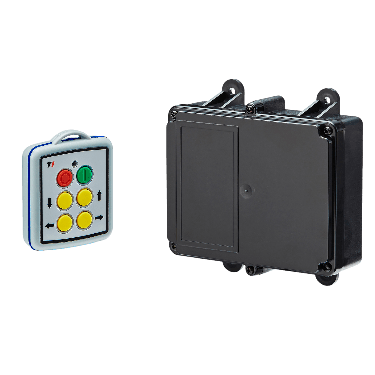 A Lodar LTD 4 Function Mini Wireless Control System from the 90 Series features a remote control device with colorful buttons alongside a sleek, black rectangular relay receiver. This system offers impressive convenience and flexibility with its 200-foot wireless range.