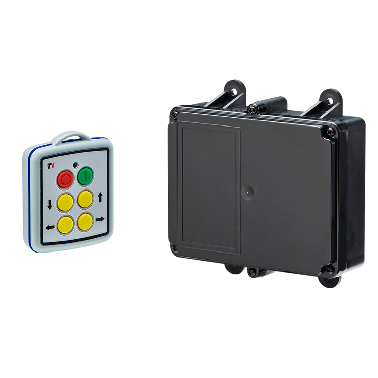 A Lodar LTD 4 Function Mini Wireless Control System from the 90 Series features a remote control device with colorful buttons alongside a sleek, black rectangular relay receiver. This system offers impressive convenience and flexibility with its 200-foot wireless range.