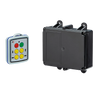 A Lodar LTD 4 Function Mini Wireless Control System from the 90 Series features a remote control device with colorful buttons alongside a sleek, black rectangular relay receiver. This system offers impressive convenience and flexibility with its 200-foot wireless range.