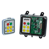 The 4 Function Mini Wireless Control System from Lodar LTD, part of the 92 Series with an FET Keypad Receiver, includes a compact remote featuring a transparent casing that showcases its electronic circuit board and boasts colorful buttons. Ideal for controlling solenoid-operated equipment within the 12-24V range, it combines style with practicality.