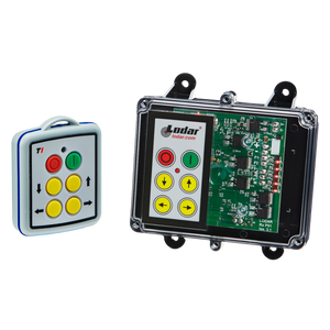 The 4 Function Mini Wireless Control System from Lodar LTD, part of the 92 Series with an FET Keypad Receiver, includes a compact remote featuring a transparent casing that showcases its electronic circuit board and boasts colorful buttons. Ideal for controlling solenoid-operated equipment within the 12-24V range, it combines style with practicality.