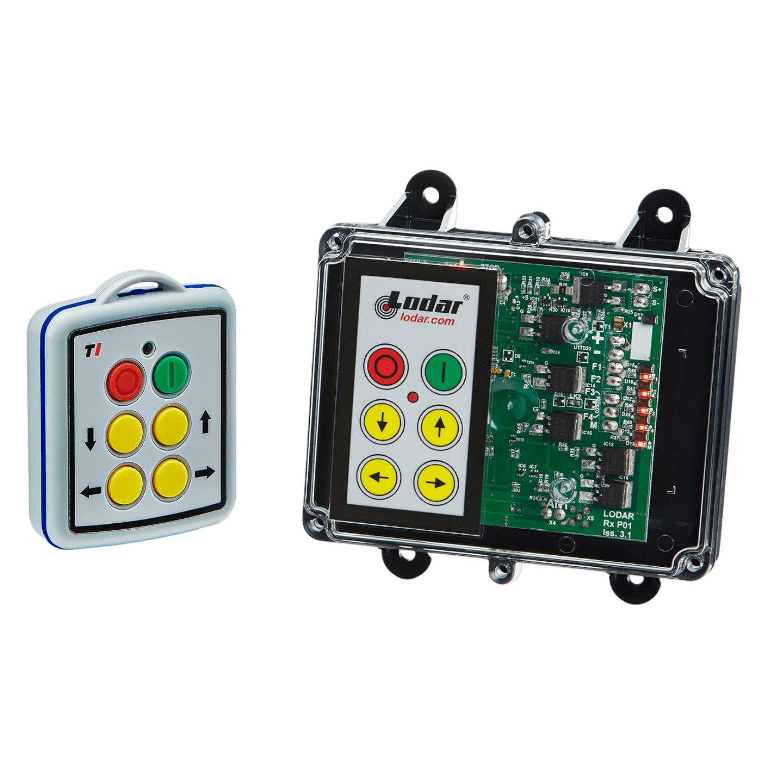 The 4 Function Mini Wireless Control System from Lodar LTD, part of the 92 Series with an FET Keypad Receiver, includes a compact remote featuring a transparent casing that showcases its electronic circuit board and boasts colorful buttons. Ideal for controlling solenoid-operated equipment within the 12-24V range, it combines style with practicality.