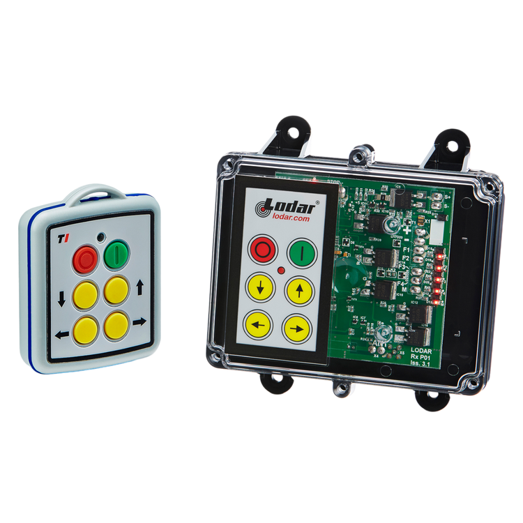 The 4 Function Mini Wireless Control System from Lodar LTD, part of the 92 Series with an FET Keypad Receiver, includes a compact remote featuring a transparent casing that showcases its electronic circuit board and boasts colorful buttons. Ideal for controlling solenoid-operated equipment within the 12-24V range, it combines style with practicality.