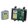 The 4 Function Mini Wireless Control System from Lodar LTD, part of the 92 Series with an FET Keypad Receiver, includes a compact remote featuring a transparent casing that showcases its electronic circuit board and boasts colorful buttons. Ideal for controlling solenoid-operated equipment within the 12-24V range, it combines style with practicality.