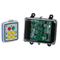 Two electronic devices: a Lodar LTD 4 Function Mini Wireless Control System with a 92 Series FET Receiver and a transparent, IP 67 rated transmitter circuit board enclosure.