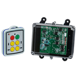 Two electronic devices: a Lodar LTD 4 Function Mini Wireless Control System with a 92 Series FET Receiver and a transparent, IP 67 rated transmitter circuit board enclosure.