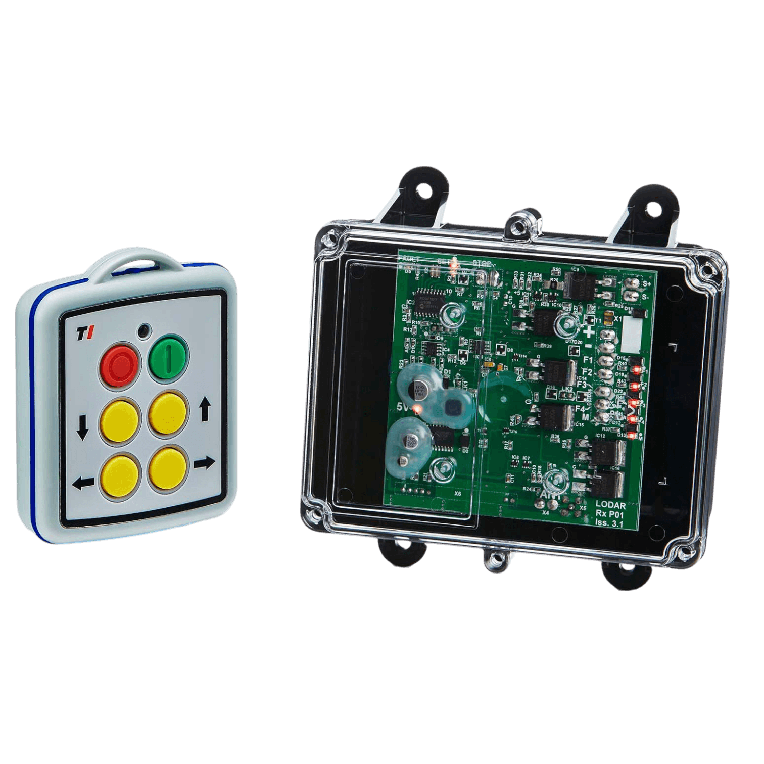 Two electronic devices: a Lodar LTD 4 Function Mini Wireless Control System with a 92 Series FET Receiver and a transparent, IP 67 rated transmitter circuit board enclosure.