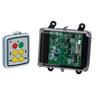 Two electronic devices: a Lodar LTD 4 Function Mini Wireless Control System with a 92 Series FET Receiver and a transparent, IP 67 rated transmitter circuit board enclosure.