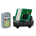 The 4 Function Standard 110V Wireless Control System from Lodar LTD, featuring a remote and an open circuit box with visible wiring and circuit board components, is perfect for managing 110V machinery.