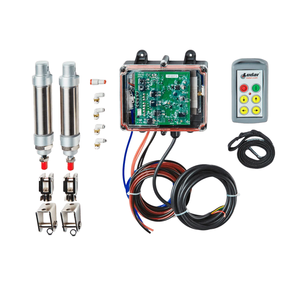 The Lodar Service 4 Function Standard Wireless Actuator Control System (92 Series, FET Air Receiver) includes sensors, wires, a control box, and connectors—perfect for managing industrial systems or integrating with pneumatic and hydraulic actuators.