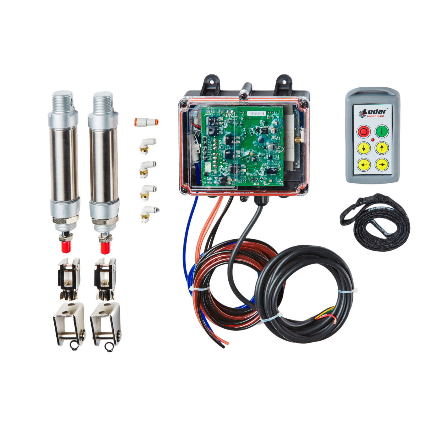 The Lodar LTD 4 Function Standard Wireless Actuator Control System | 92 Series | FET Air Receiver includes components like a circuit board, cables, metal cylinders, connectors, and a wireless air actuator to improve safety in remote control systems.