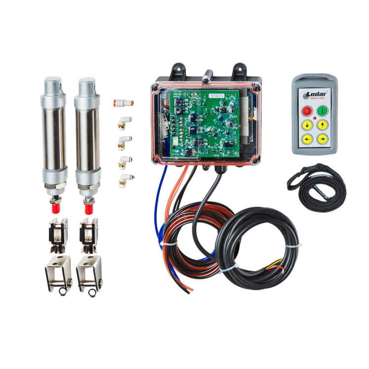 The Lodar LTD 4 Function Standard Wireless Actuator Control System | 92 Series | FET Air Receiver includes components like a circuit board, cables, metal cylinders, connectors, and a wireless air actuator to improve safety in remote control systems.