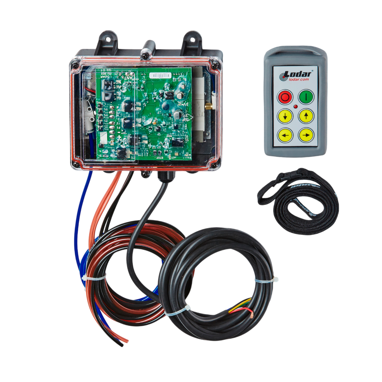 The Lodar LTD 4 Function Standard Wireless Actuator Control System from the 92 Series features a circuit board enclosed in a transparent box, along with remote control and cables, set against a sleek black backdrop. Its innovative design is emphasized by the inclusion of the Lodar-specific FET Air Receiver, ensuring flawless wireless component operation.