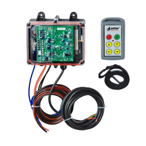 The Lodar LTD 4 Function Standard Wireless Actuator Control System from the 92 Series features a circuit board enclosed in a transparent box, along with remote control and cables, set against a sleek black backdrop. Its innovative design is emphasized by the inclusion of the Lodar-specific FET Air Receiver, ensuring flawless wireless component operation.