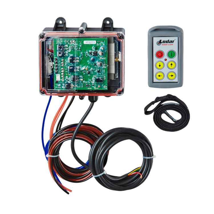 The Lodar LTD 4 Function Standard Wireless Actuator Control System from the 92 Series features a circuit board enclosed in a transparent box, along with remote control and cables, set against a sleek black backdrop. Its innovative design is emphasized by the inclusion of the Lodar-specific FET Air Receiver, ensuring flawless wireless component operation.