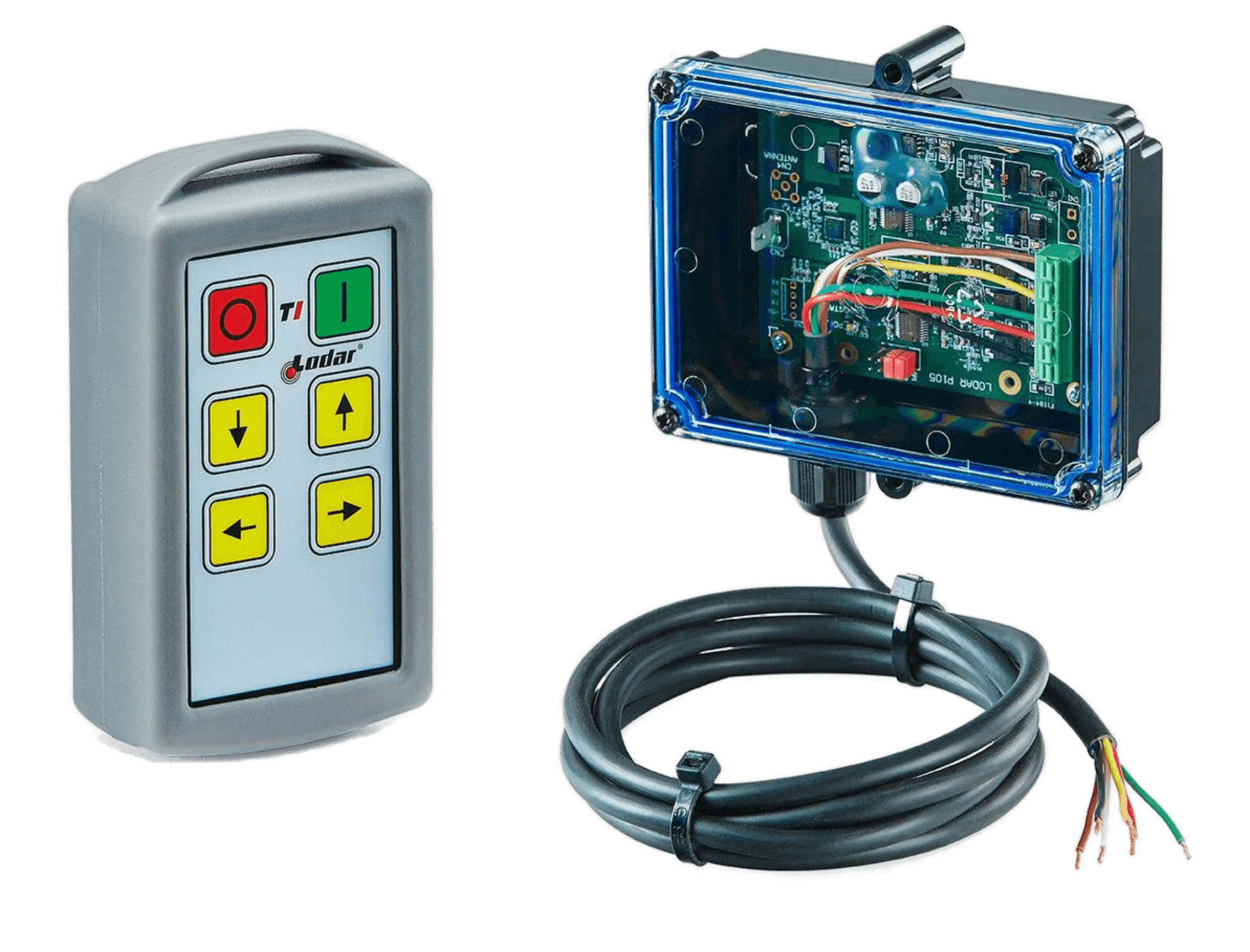 The remote control includes arrow buttons and an electronic circuit box with exposed wiring, seamlessly integrating into the Lodar LTD 11 Series 4 Function Standard Wireless Control System with FET Receiver.