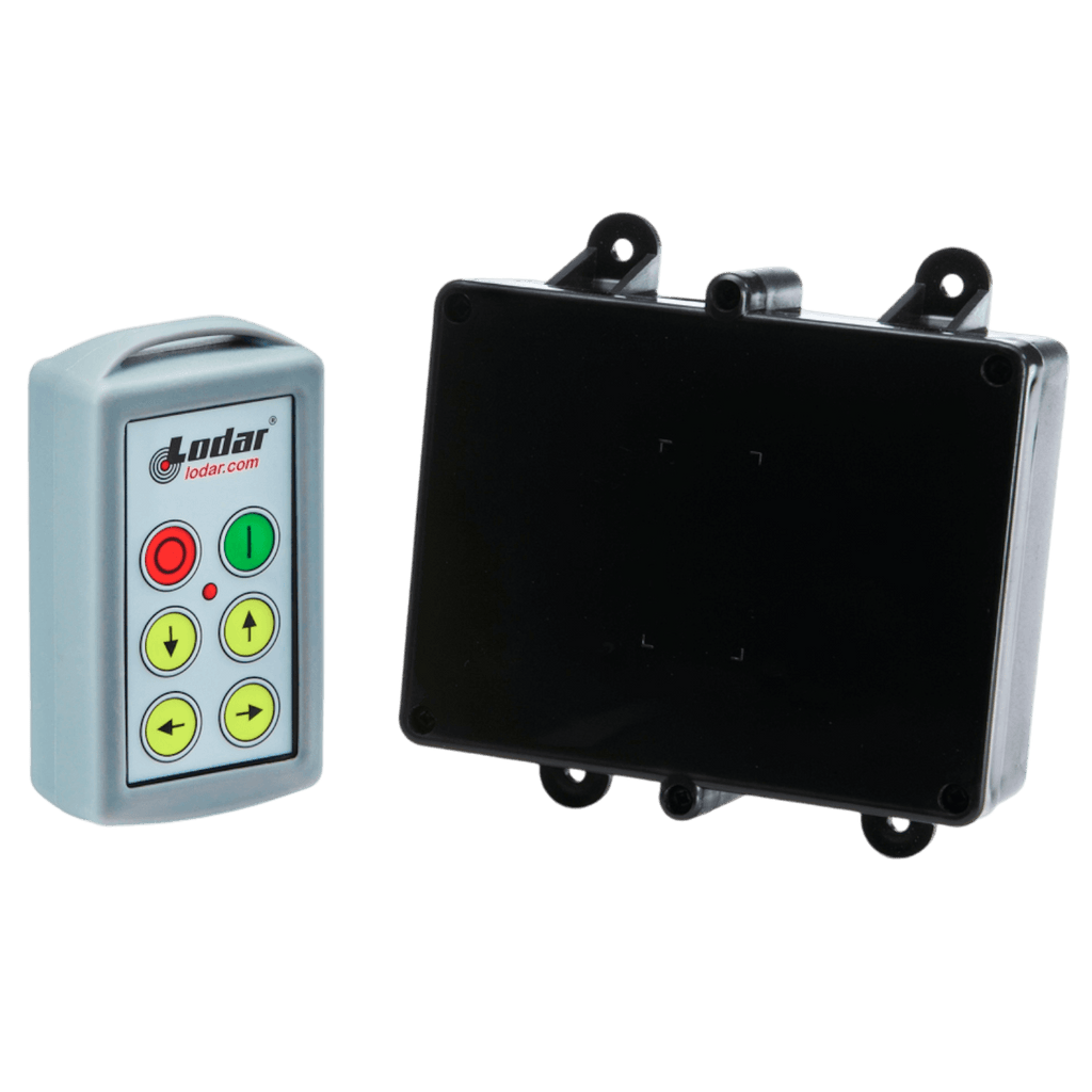 Introducing the 4 Function Standard Wireless Control System from Lodar LTD, part of the 90 Series. It includes a remote with buttons and a sleek black Relay Receiver, ideal for effortlessly and precisely controlling Solenoid Operated Equipment.
