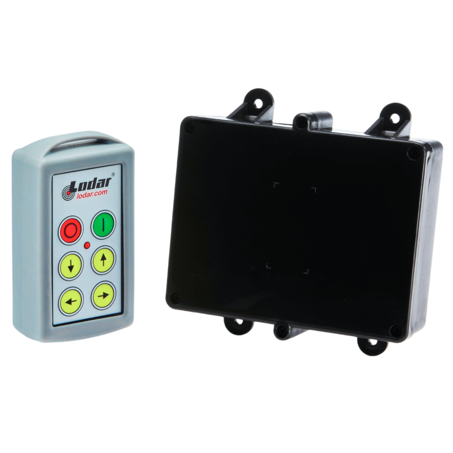 Introducing the 4 Function Standard Wireless Control System from Lodar LTD, part of the 90 Series. It includes a remote with buttons and a sleek black Relay Receiver, ideal for effortlessly and precisely controlling Solenoid Operated Equipment.