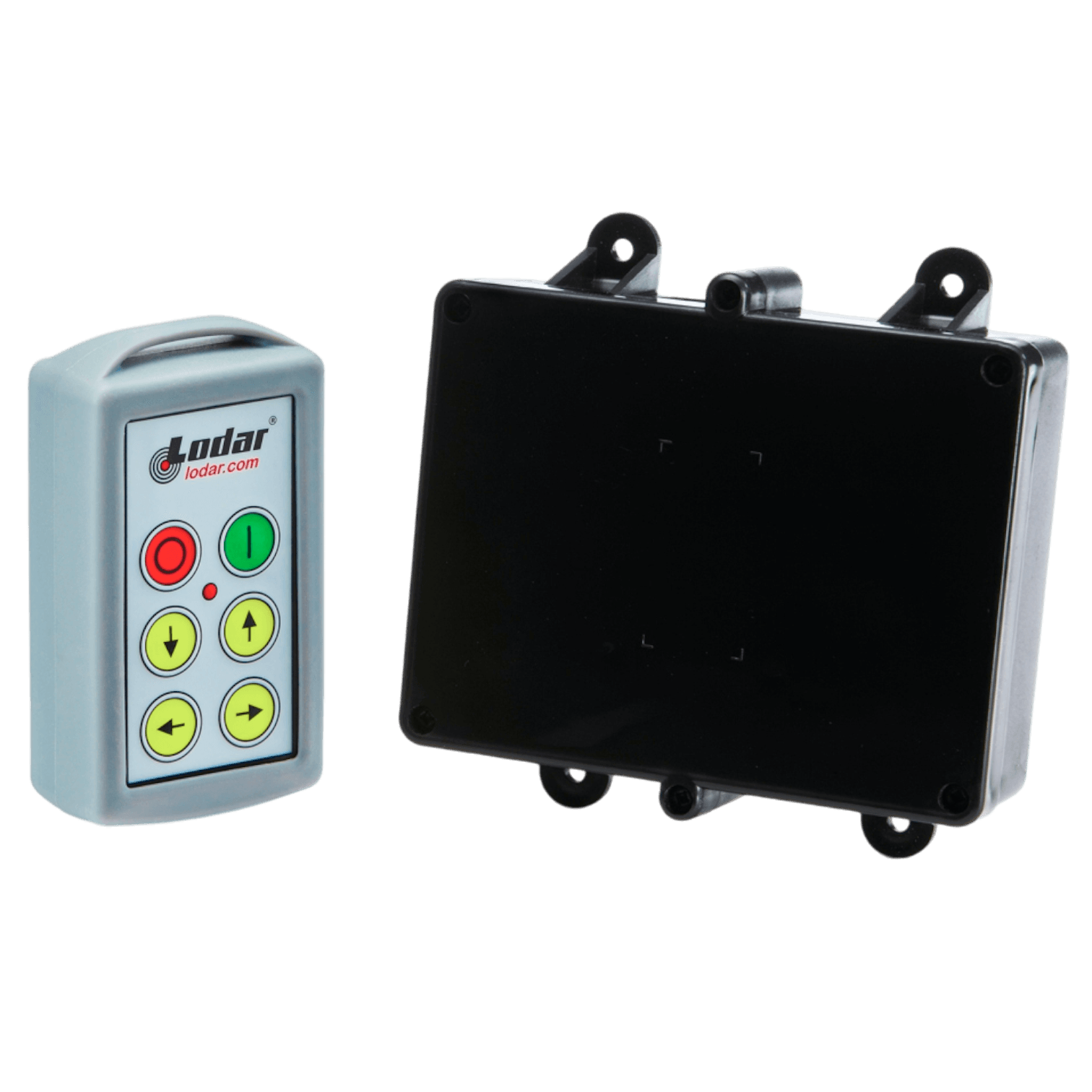 Introducing the 4 Function Standard Wireless Control System from Lodar LTD, part of the 90 Series. It includes a remote with buttons and a sleek black Relay Receiver, ideal for effortlessly and precisely controlling Solenoid Operated Equipment.