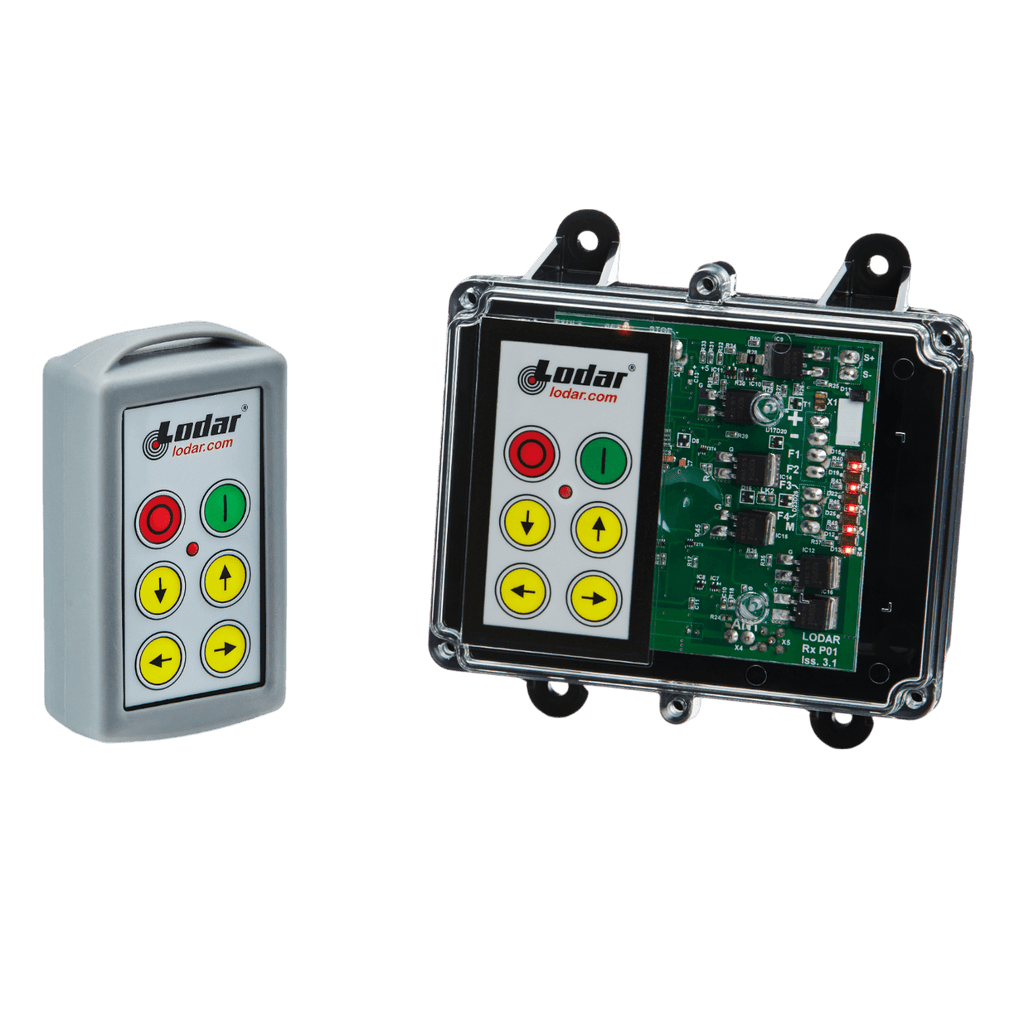 A 4 Function Standard Wireless Control System from the Lodar LTD 92 Series, featuring an FET Keypad Receiver with an IP 66 rating, rests beside an open electronic control unit, showcasing the intricate circuitry and buttons of the sophisticated design.