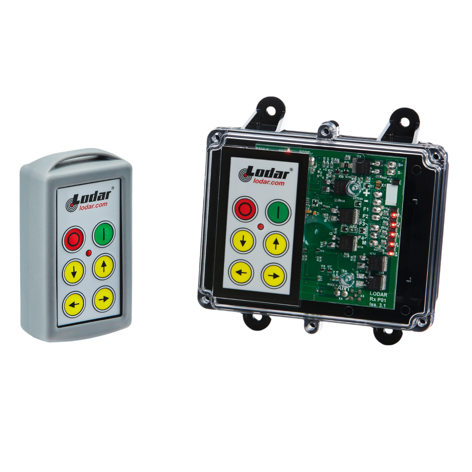 A 4 Function Standard Wireless Control System from the Lodar LTD 92 Series, featuring an FET Keypad Receiver with an IP 66 rating, rests beside an open electronic control unit, showcasing the intricate circuitry and buttons of the sophisticated design.