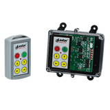 A 4 Function Standard Wireless Control System from the Lodar LTD 92 Series, featuring an FET Keypad Receiver with an IP 66 rating, rests beside an open electronic control unit, showcasing the intricate circuitry and buttons of the sophisticated design.